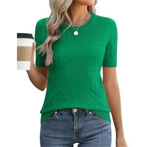 Womens Short Sleeve Cable Knit Sweater Top Crewneck Lightweight Spring Summer